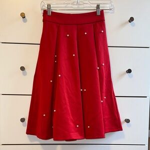 SHEIN Red Midi Skirt with Pearl Details